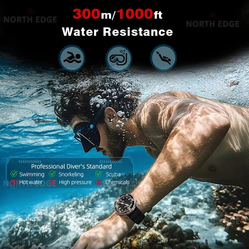 North Edge Triton-TI diving watch on a diver's wrist; titanium stainless case, solar-powered, 300m water resistant