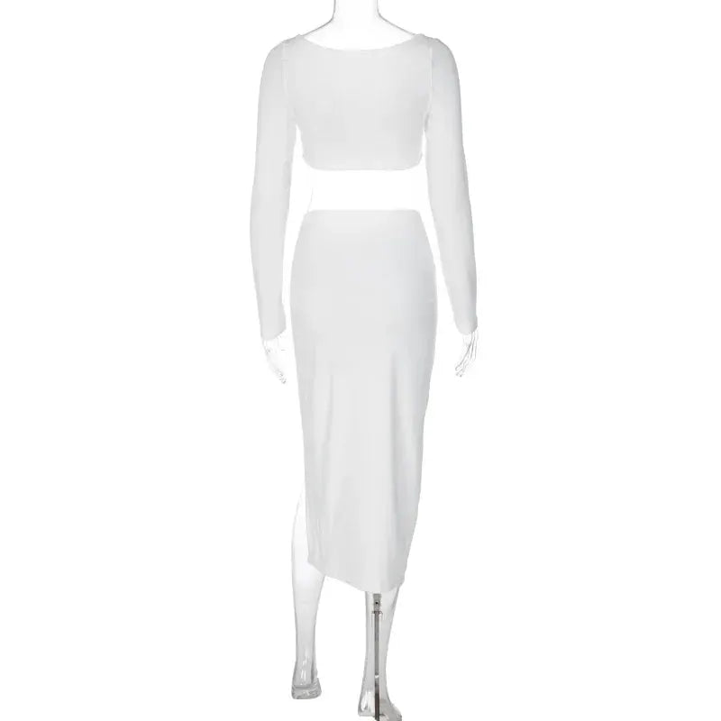 Ruched Long Sleeve Cropped Top And Asymmetric Split Skirt Coords Set