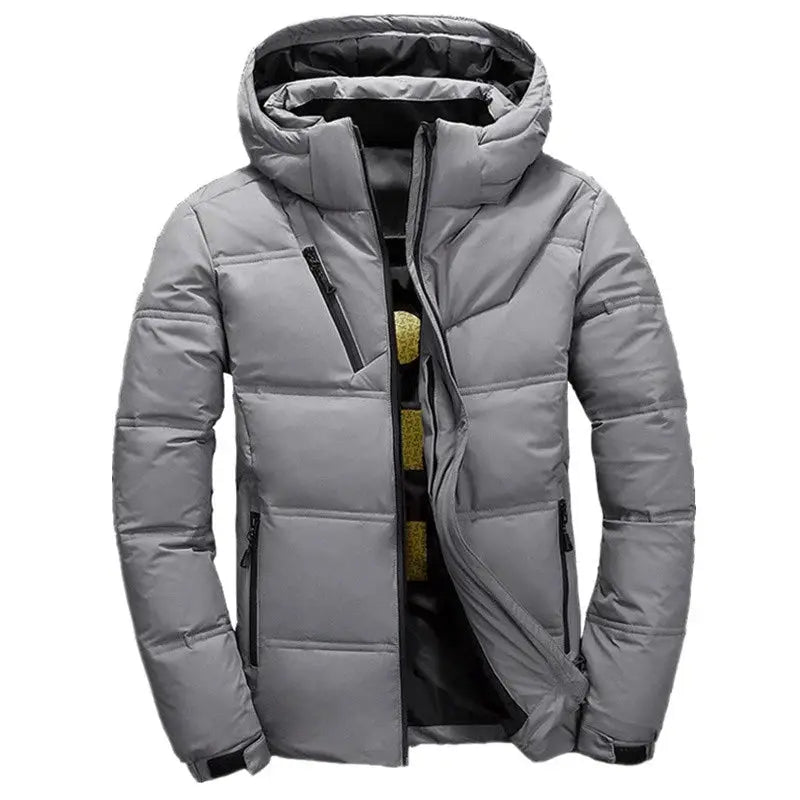 Simples Market men's gray hooded puffer down jacket with front zip pockets.