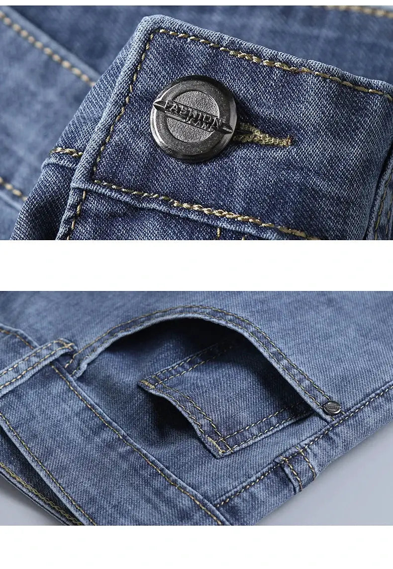 Simples Market men's elastic denim jeans; blue cotton-stretch denim with yellow stitching and metal button.