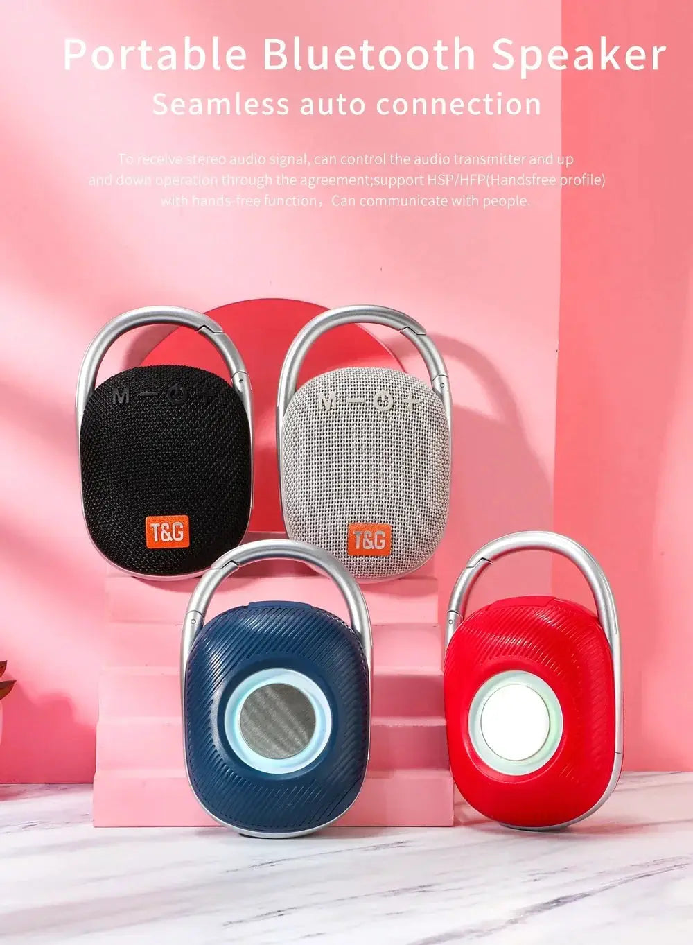 TG321 outdoor portable waterproof Bluetooth speaker; 4 colors black, gray, blue, red with carabiner handles and T&G logo