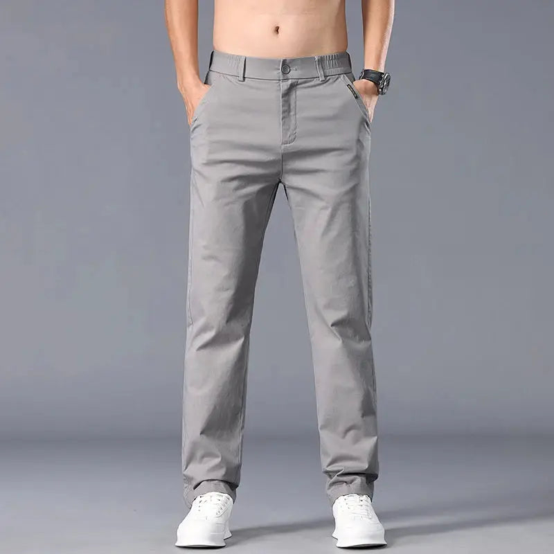 Casual men's straight-fit stretch chinos in light khaki