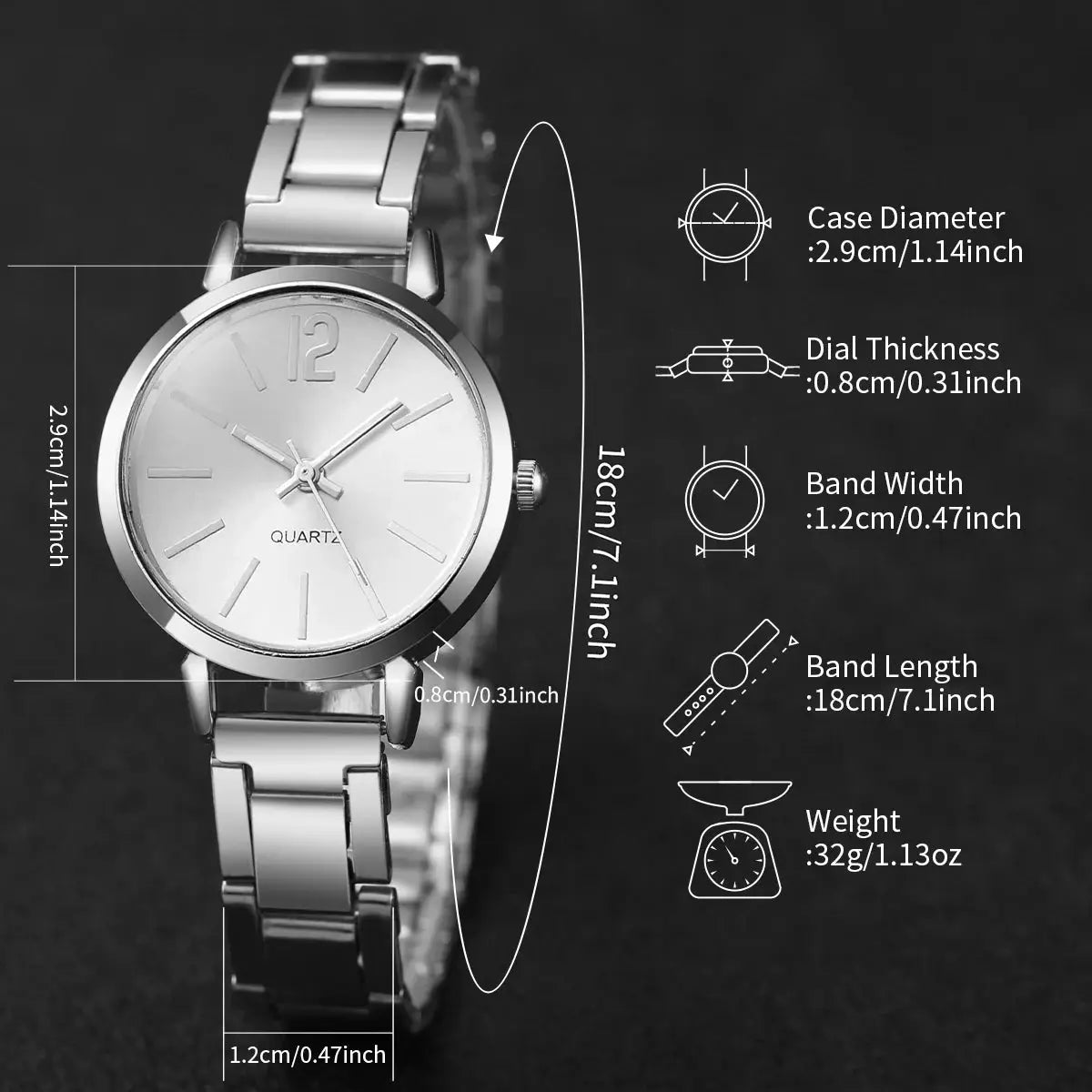 2-piece women's watch set with silver steel-band quartz wristwatch and opening cuff bracelet