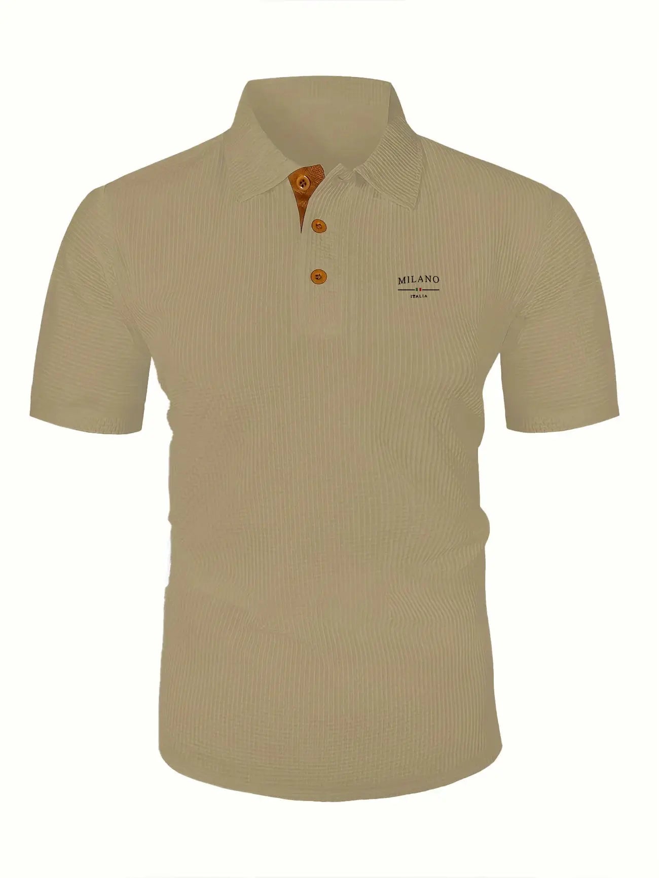 Beige men's short-sleeve polo shirt with brown buttons and Milano Italia logo.