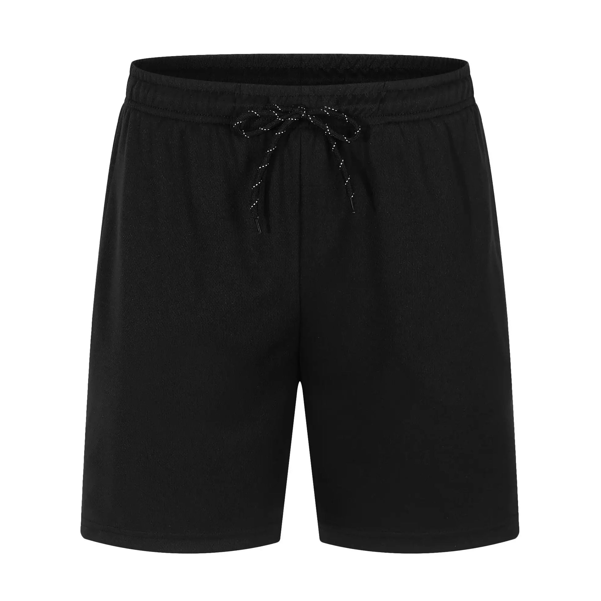 Men's black athletic shorts with drawstring waist, solid color.