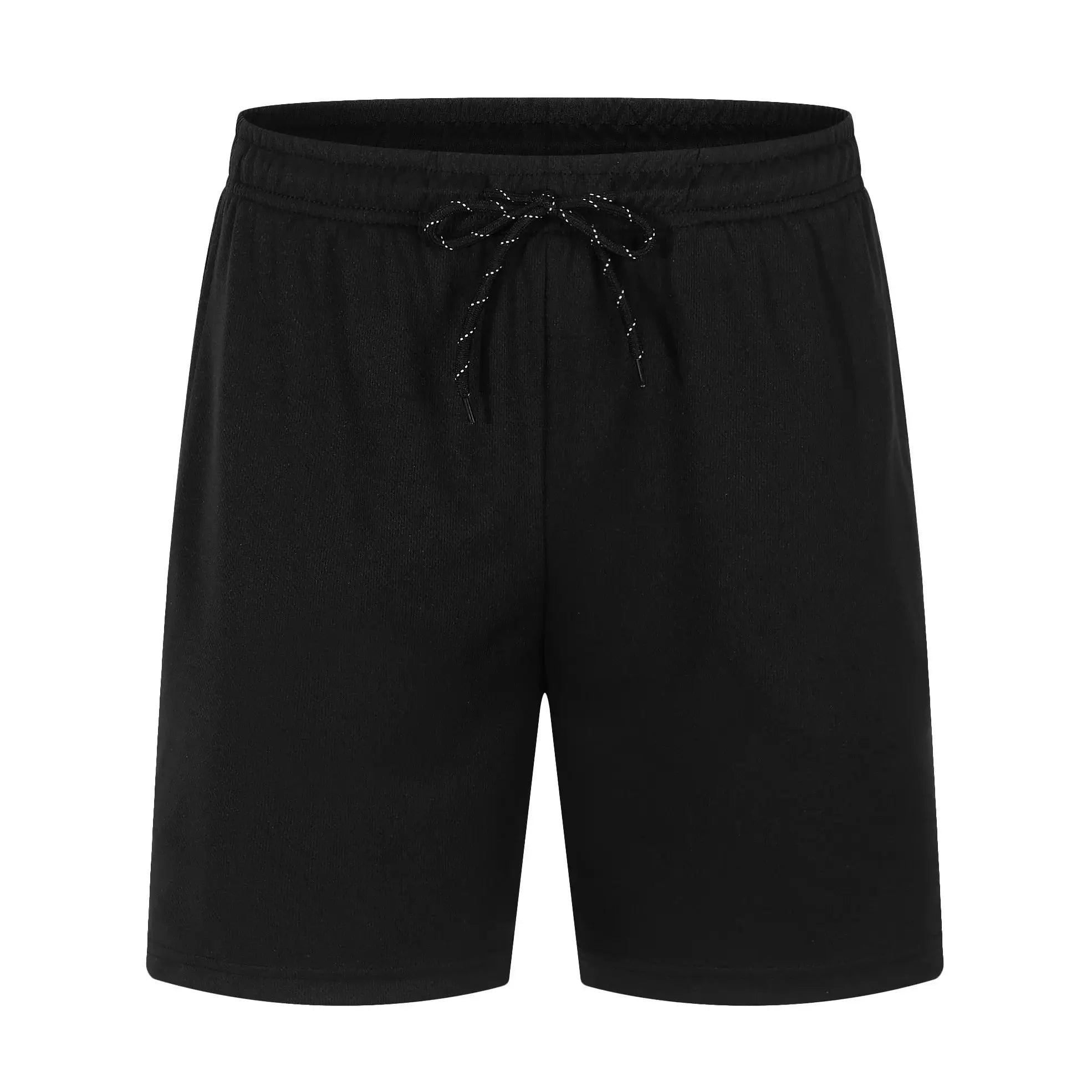 Men's black athletic shorts with drawstring waist, solid color.