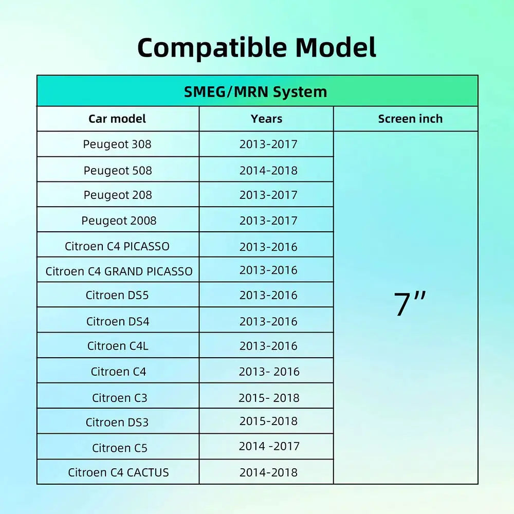 Wireless CarPlay/Android Auto for Peugeot Citroen SMEG MRN by Simples Market; 7-inch screen compatibility table.