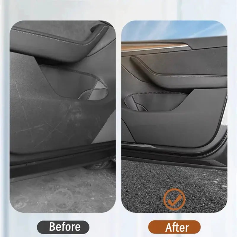 Tesla Model Y Juniper leather door anti-kick pad kit by Simples Market; 2-piece door protector before-after.