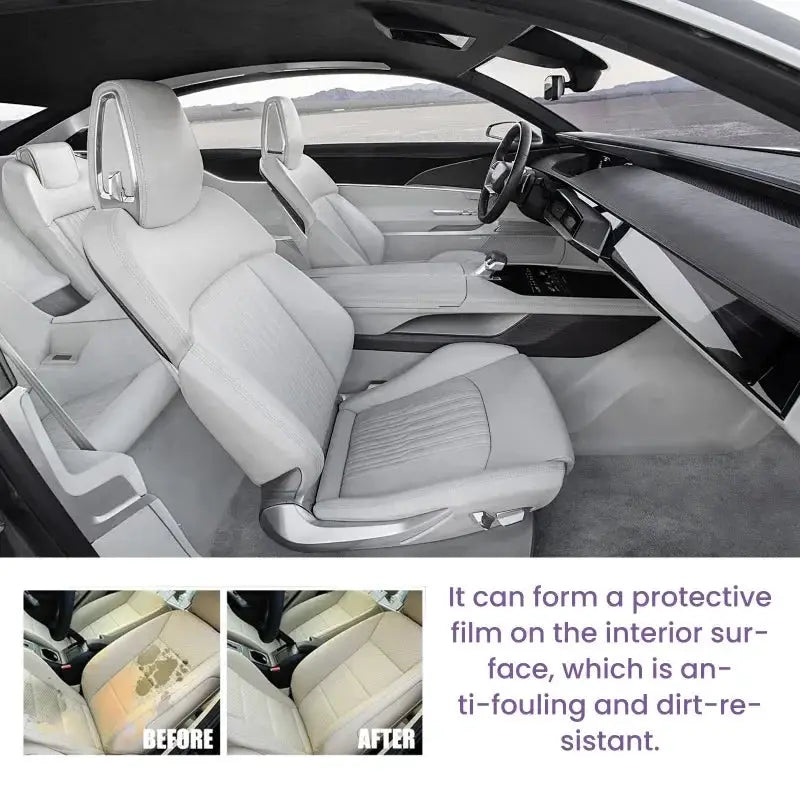 H4Cacle car upholstery cleaner by Simples Market for light gray sedan seats; before/after stain removal.