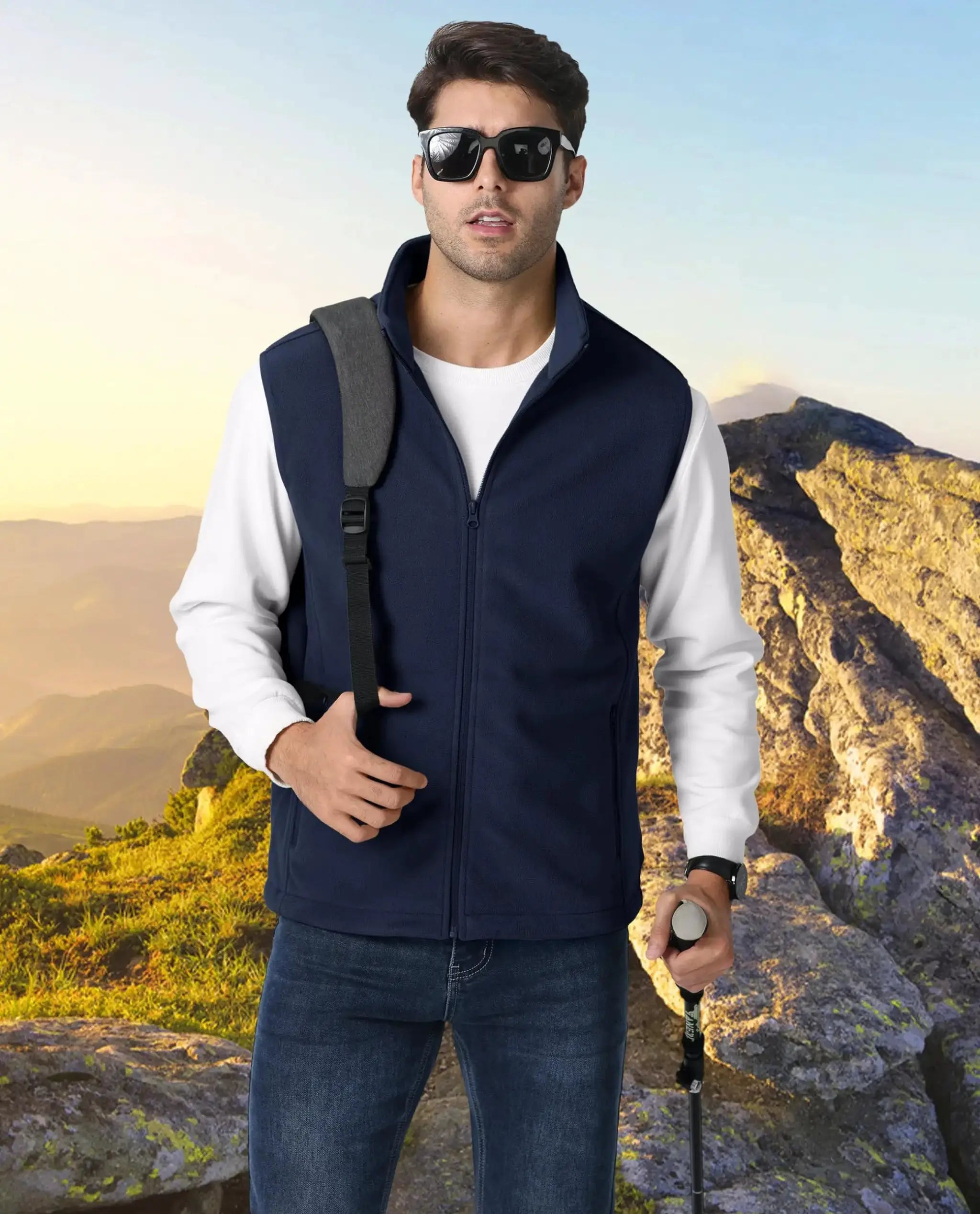 TACVASEN navy fleece vest jacket, sleeveless with stand collar for hiking and outdoor wear