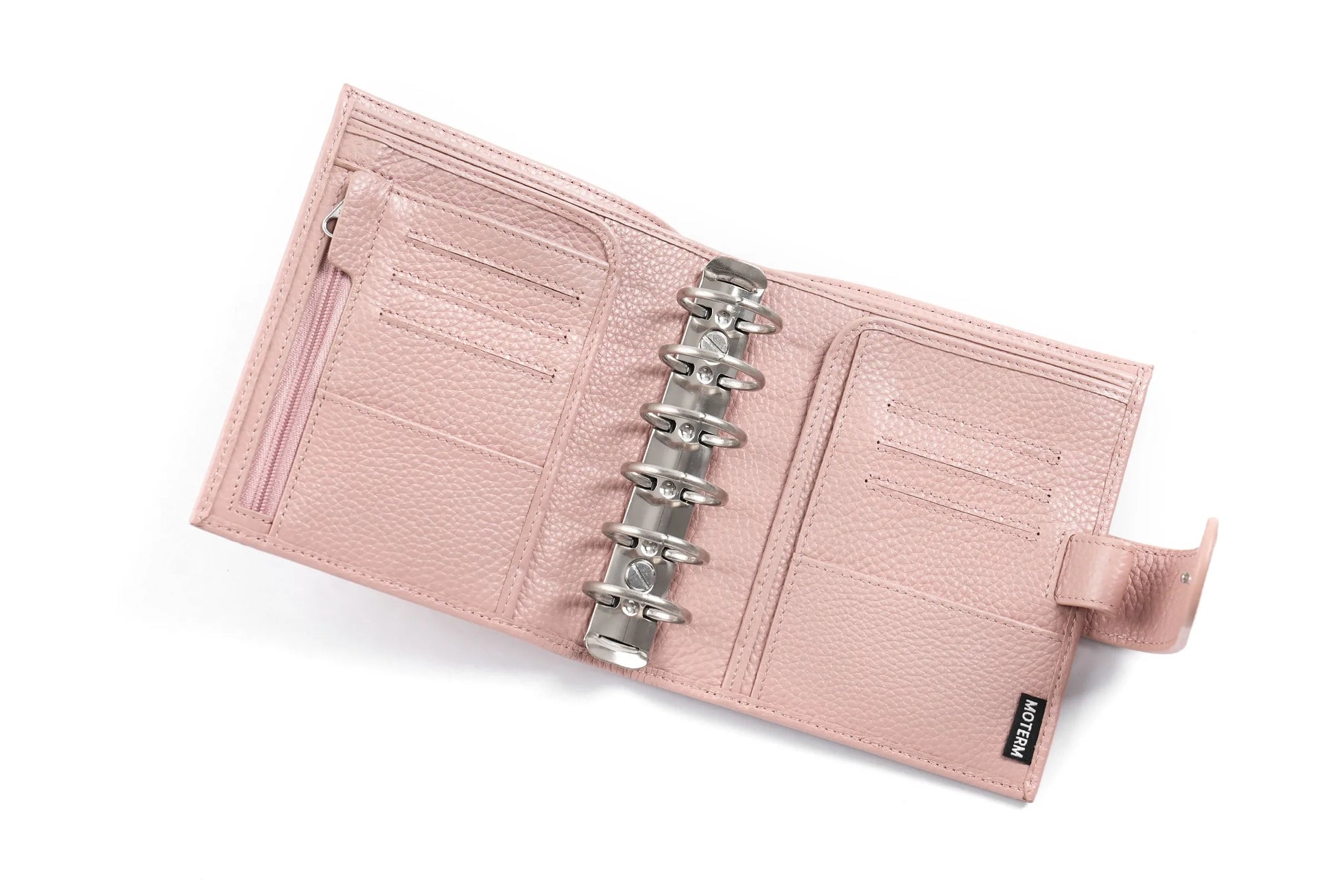 Moterm Luxe 2.0 pink pebble-grain leather pocket-size planner with 30mm rings, card slots and zipper pocket