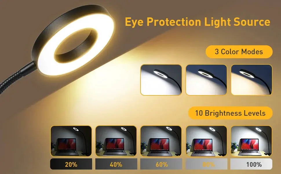 48-LED USB desk lamp with clip, ring light, 360° gooseneck, Simples Market, 3 color modes, eye protection