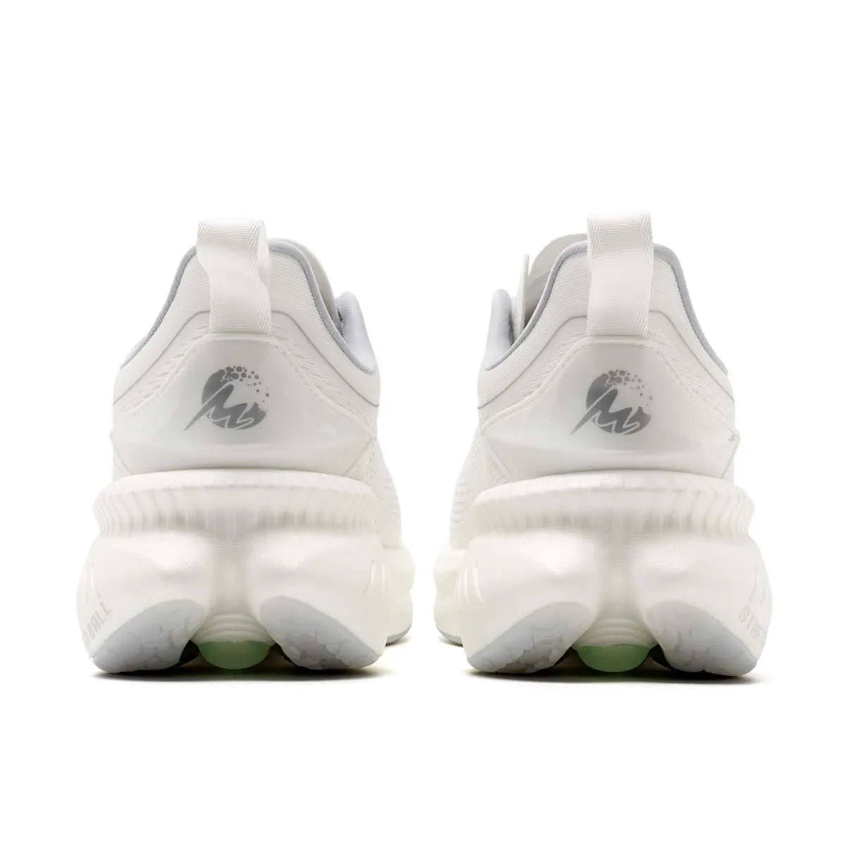 Pair of ONEMIX men's white breathable running shoes with pull tabs and heel logo, back view.