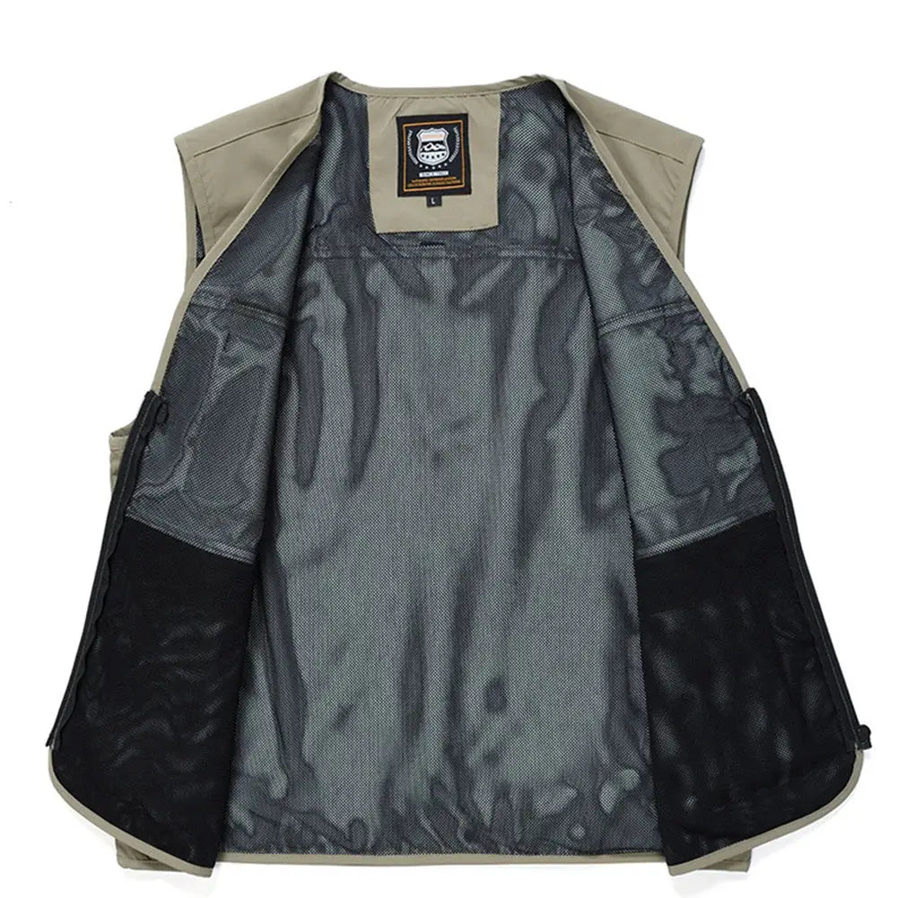 Men's vest FGKKS brand, beige outer with gray lining and black mesh panels, multi-pocket waistcoat