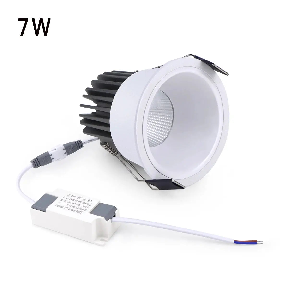 Recessed aluminum COB LED spotlight downlight with white trim, black heatsink, 7W, and external driver.