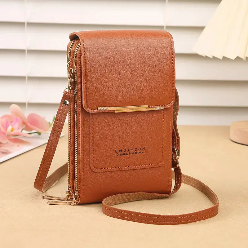 Crossbody phone bag in brown faux leather with card holder and adjustable strap; Endaycon