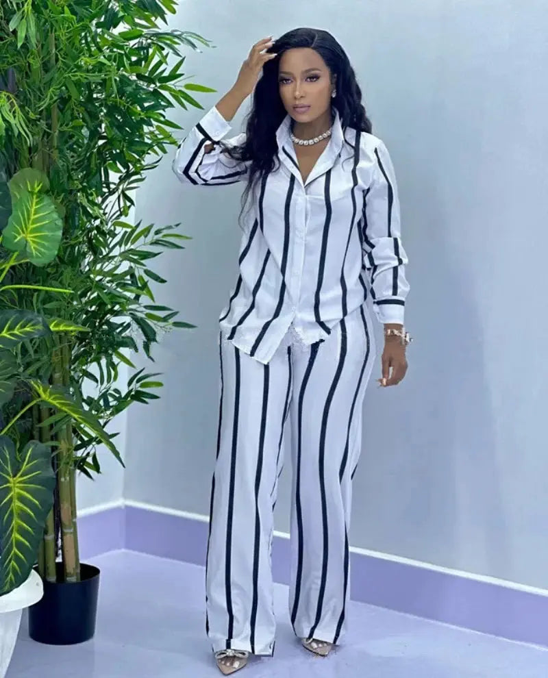 African Stripe Two Piece Set Women Spring Button Top Wide Leg Pants