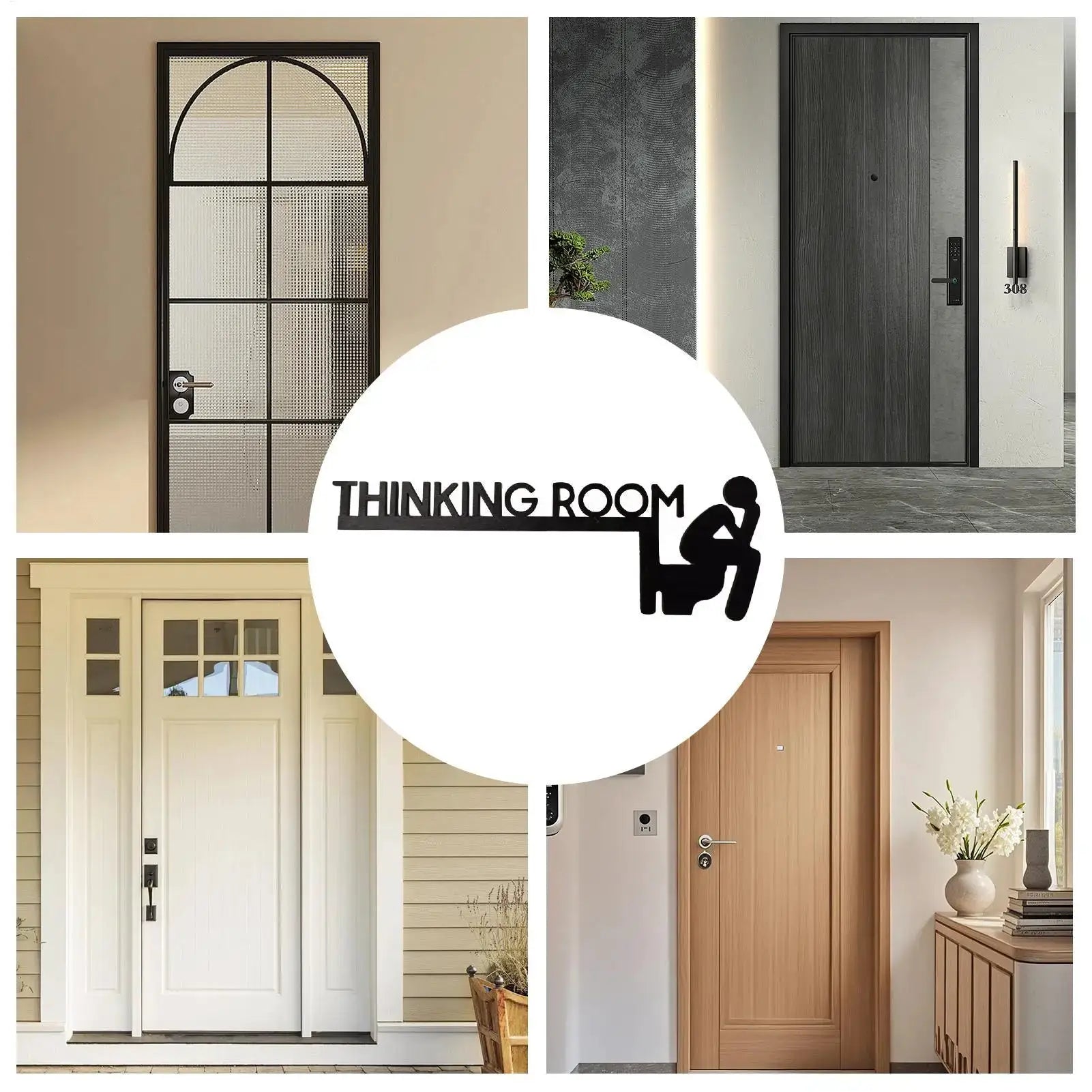 Thinking Room door sign collage; four wooden doors used as home wall ornaments.