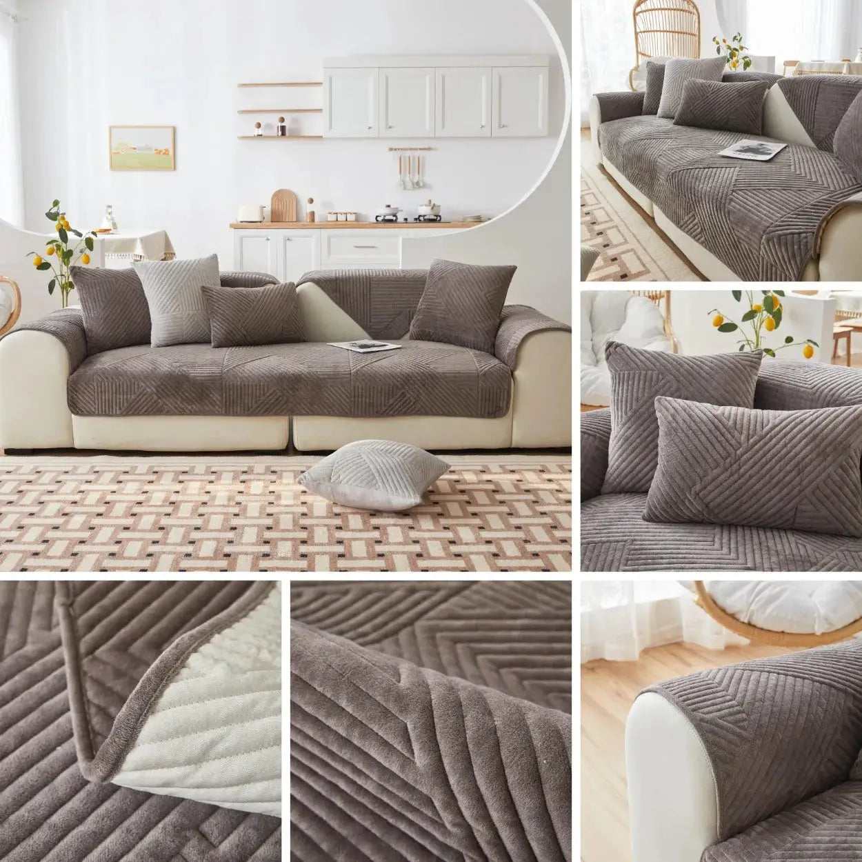 Crystal Velvet sofa cover by Simples Market in taupe quilted fabric with non-slip backing for living room couch