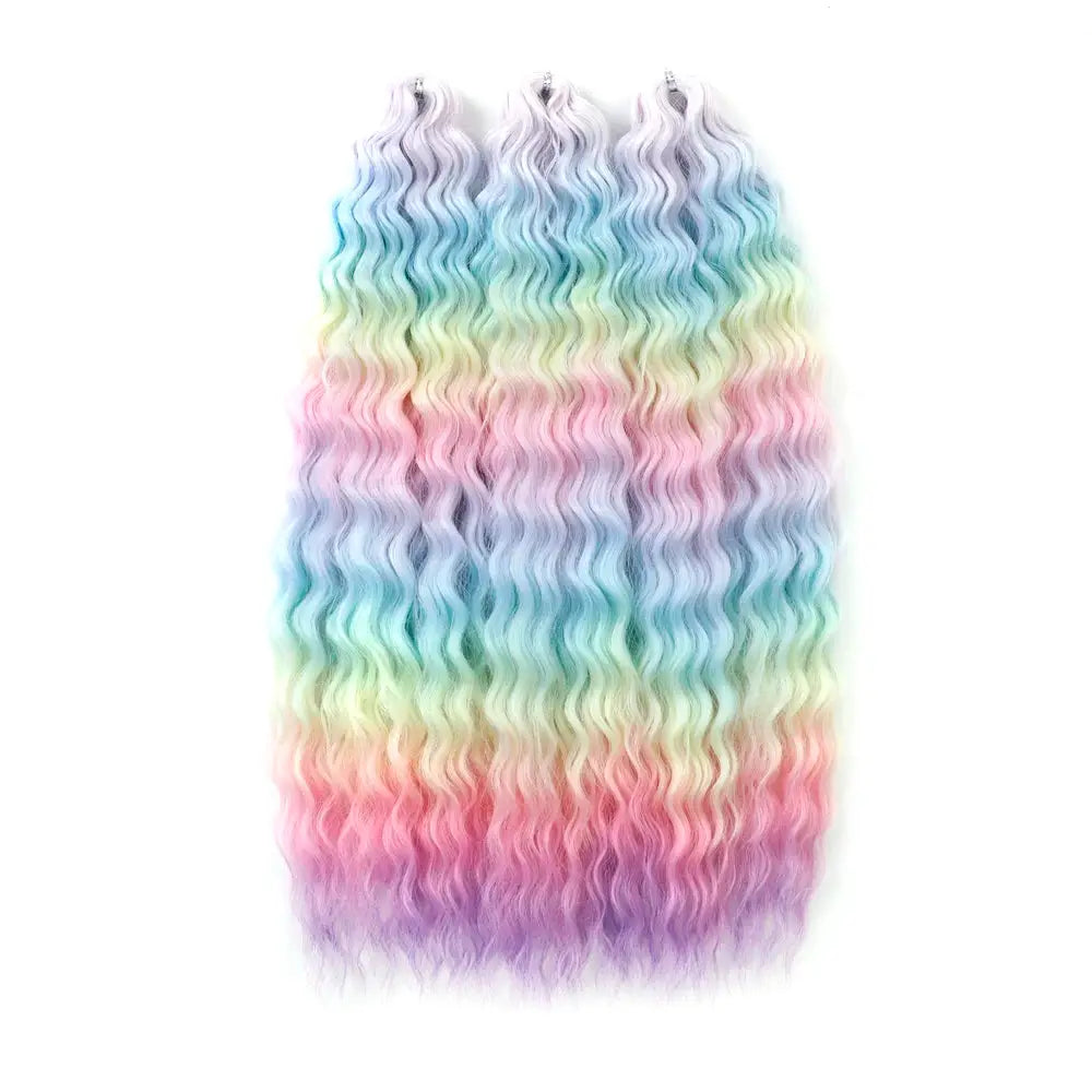 Ariel Synthetic Twist Crochet Hair 3-pack, 22in water wave extensions in ombre rainbow shades, 300g.