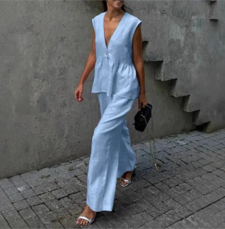 Women Sleeveless V Neck Top Two Piece Summer Set With Straight Pants