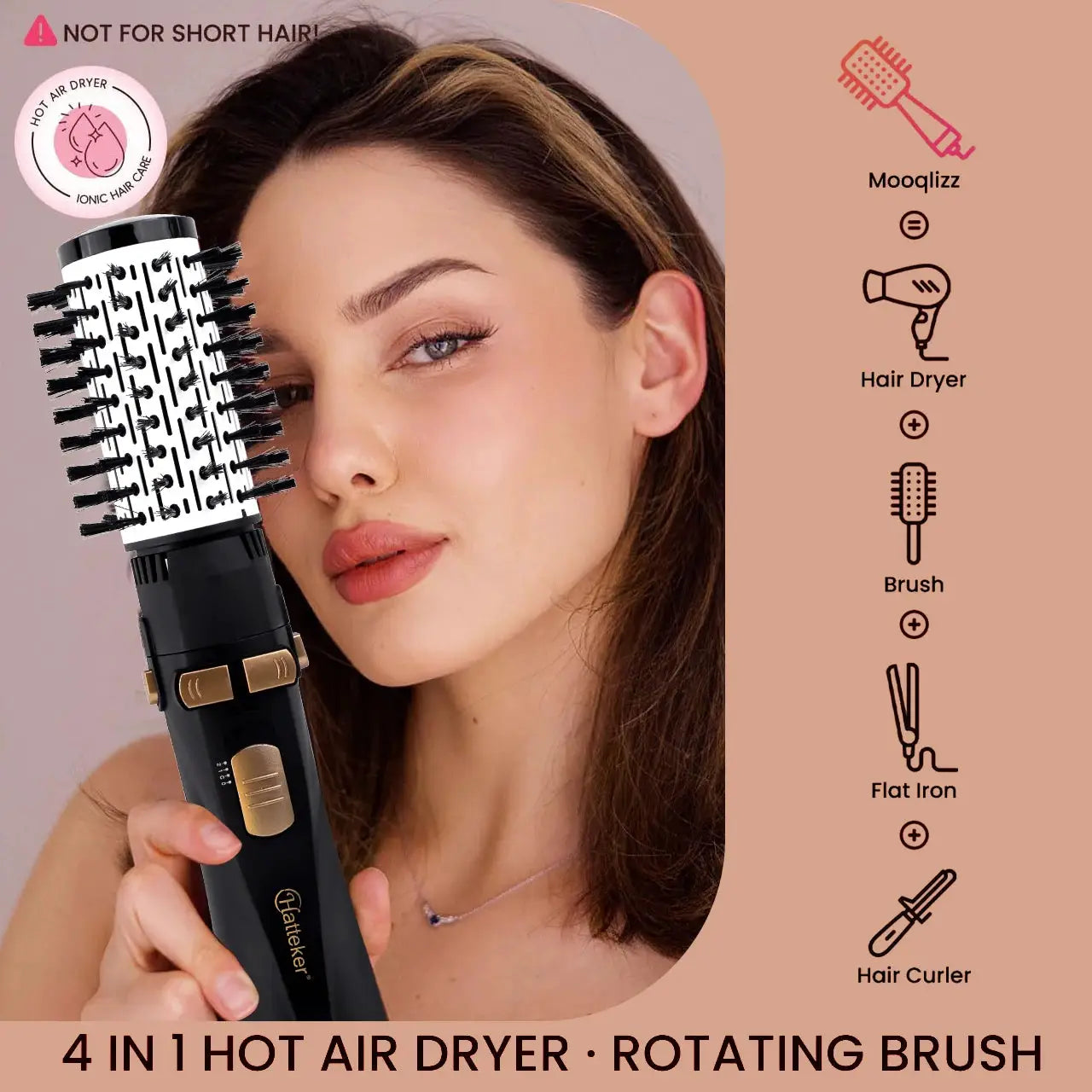 Hatteker EU 4-head hot air brush styling tool, black with gold accents, held by a woman; Simples Market.