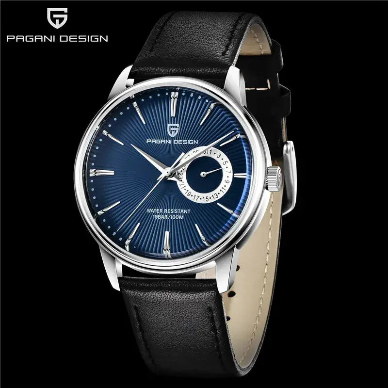 Pagani Design 1654 men's stainless steel quartz watch with blue sunburst dial and black leather strap, water resistant 100m