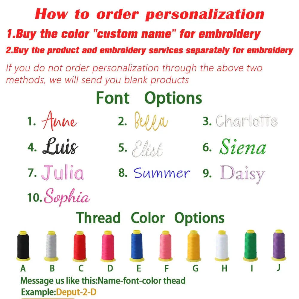 Toddler backpack with embroidery personalization guide showing font options and thread color choices