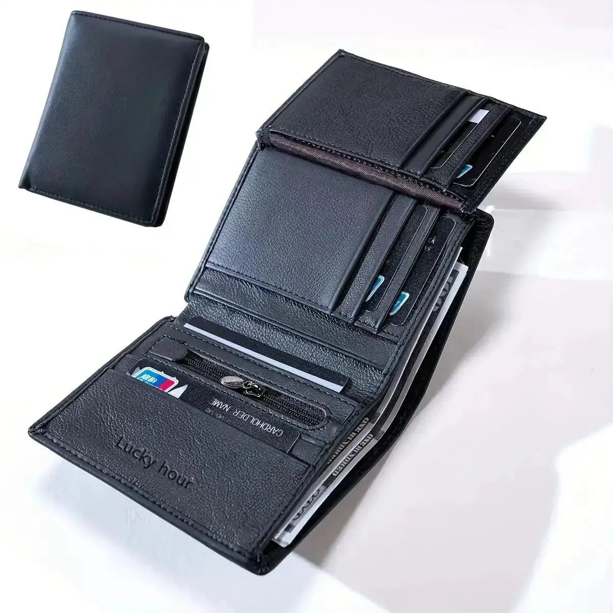Simples Market Lucky hour black genuine leather men's wallet with multiple card slots and coin pocket