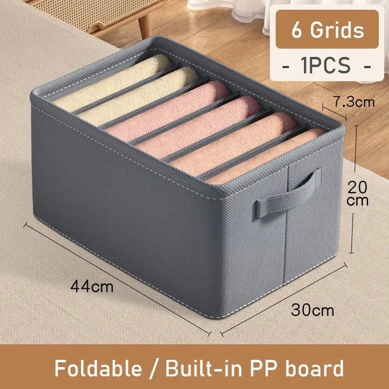 Storage box 6-grid foldable organizer in gray fabric with built-in PP board for jeans and shirts by Simples Market