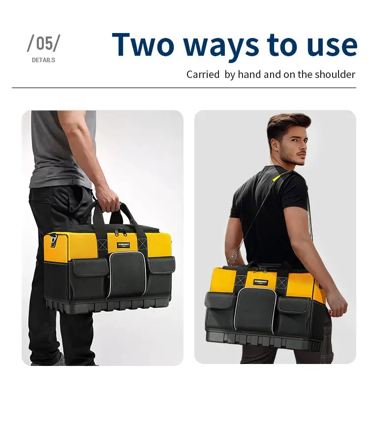 WINHUNT heavy-duty tool bag with wide mouth and molded bottom in yellow/black, shown carried by hand and over shoulder