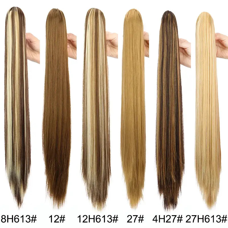 Clip-on ponytail extensions, six-piece set, 24-inch synthetic heat-resistant, six color blends