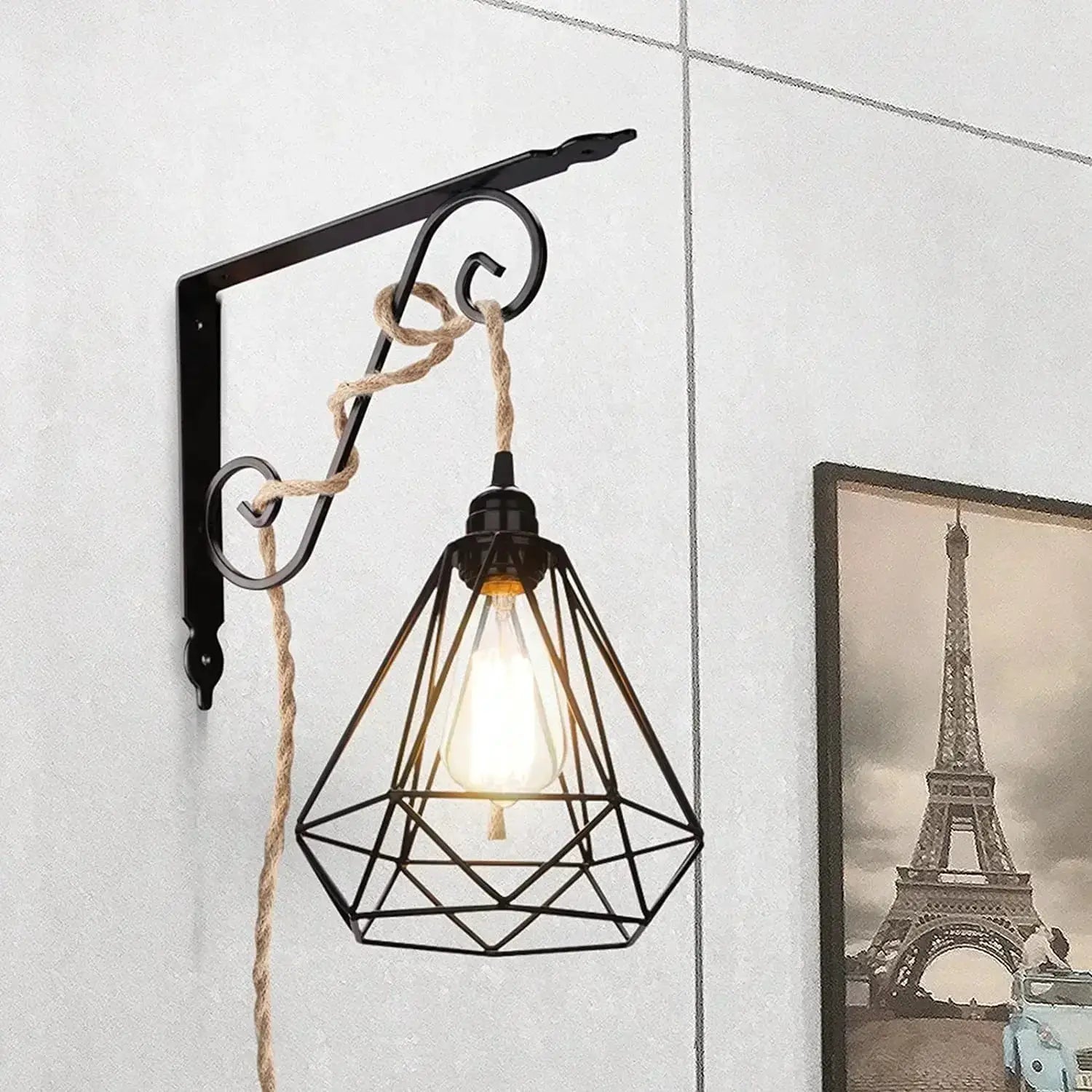 Industrial retro hanging lamp by Simples Market with hemp cord, E27 holder, black metal geometric shade