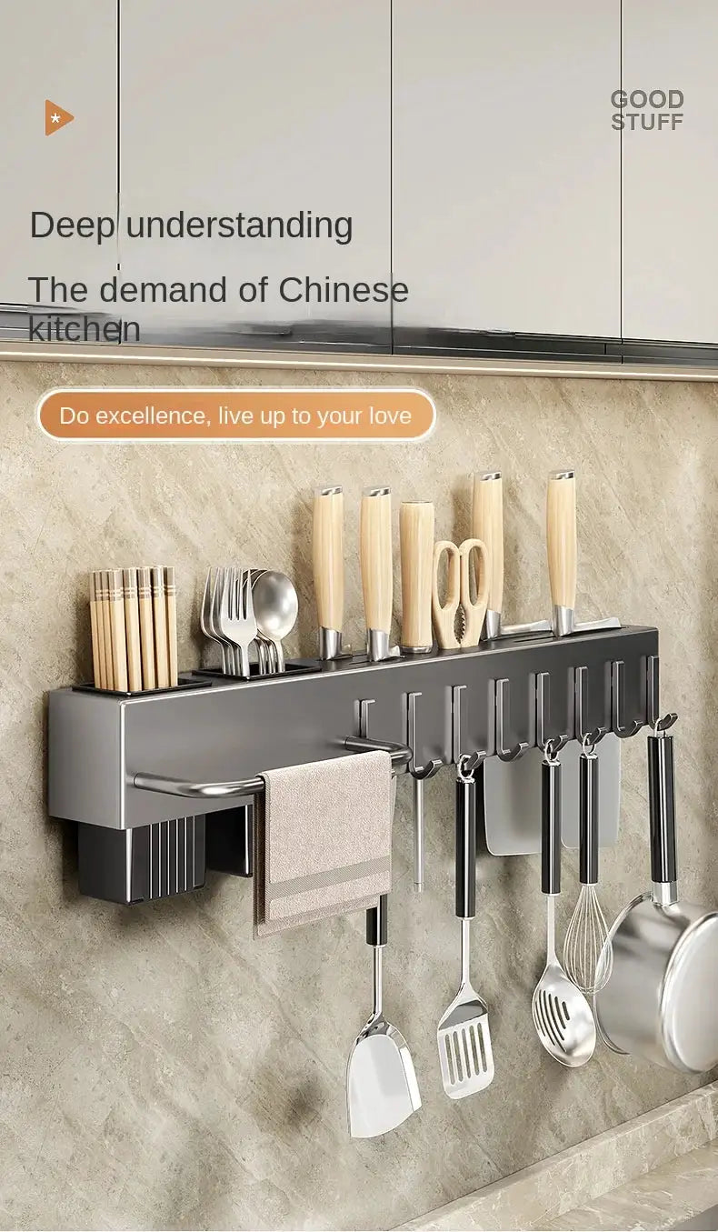 Simples Market tool-free kitchen shelf with wall-mounted utensil rack and chopstick holder, stainless steel finish, wooden-handled utensils