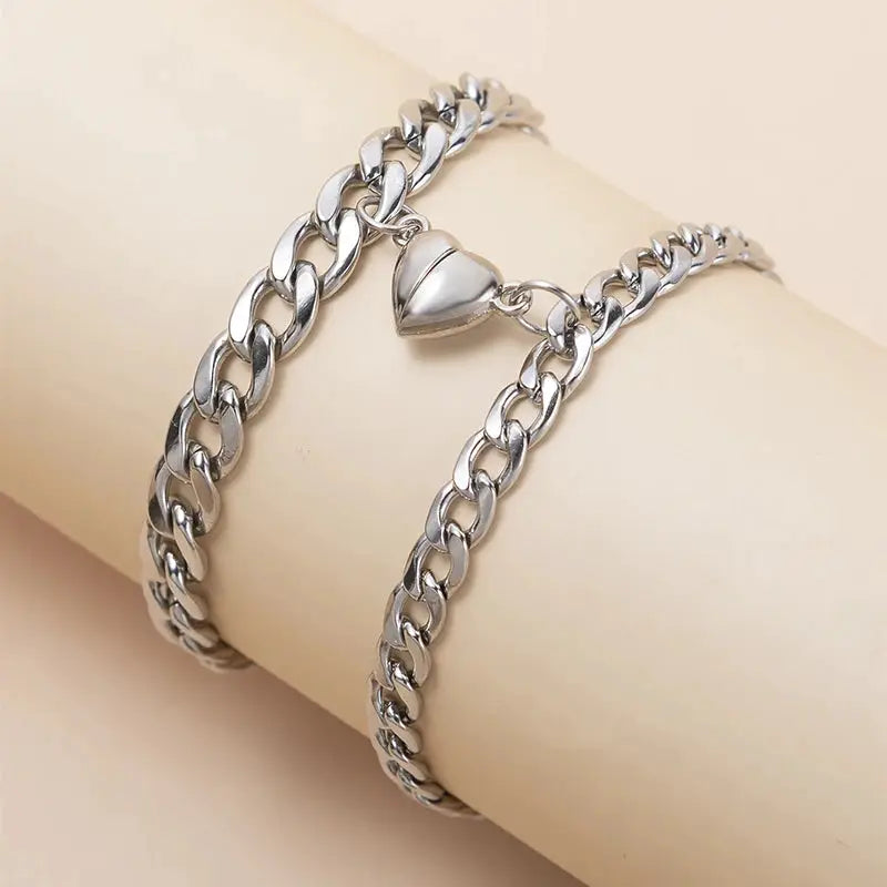 Two Piece Set Magnetic Couple Bracelets Heart Attraction Stainless Steel Cuban Chain Key Lock Jewelry Gifts