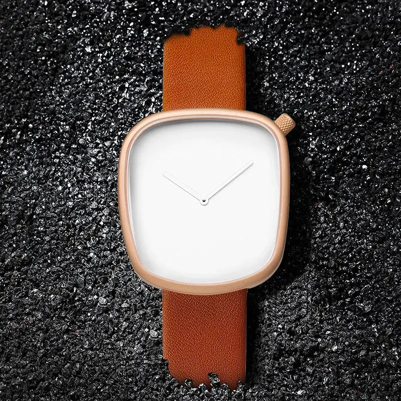 TOMI minimalist square watch with rose-gold case, white dial, and tan leather strap