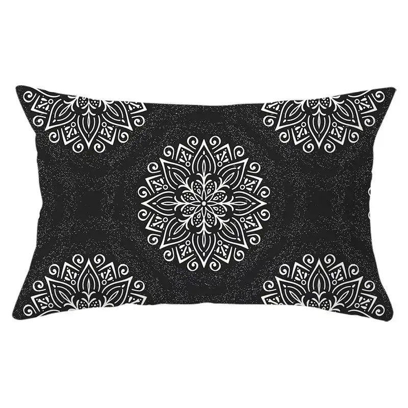 Rectangular pillowcase with white mandala geometric pattern on black polyester, 30x50 cm decorative cushion cover