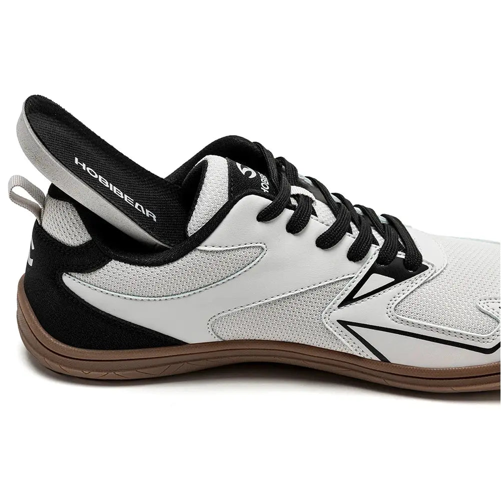 HOBIBEAR barefoot minimalist shoes, white and grey mesh upper with black accents, tan outsole