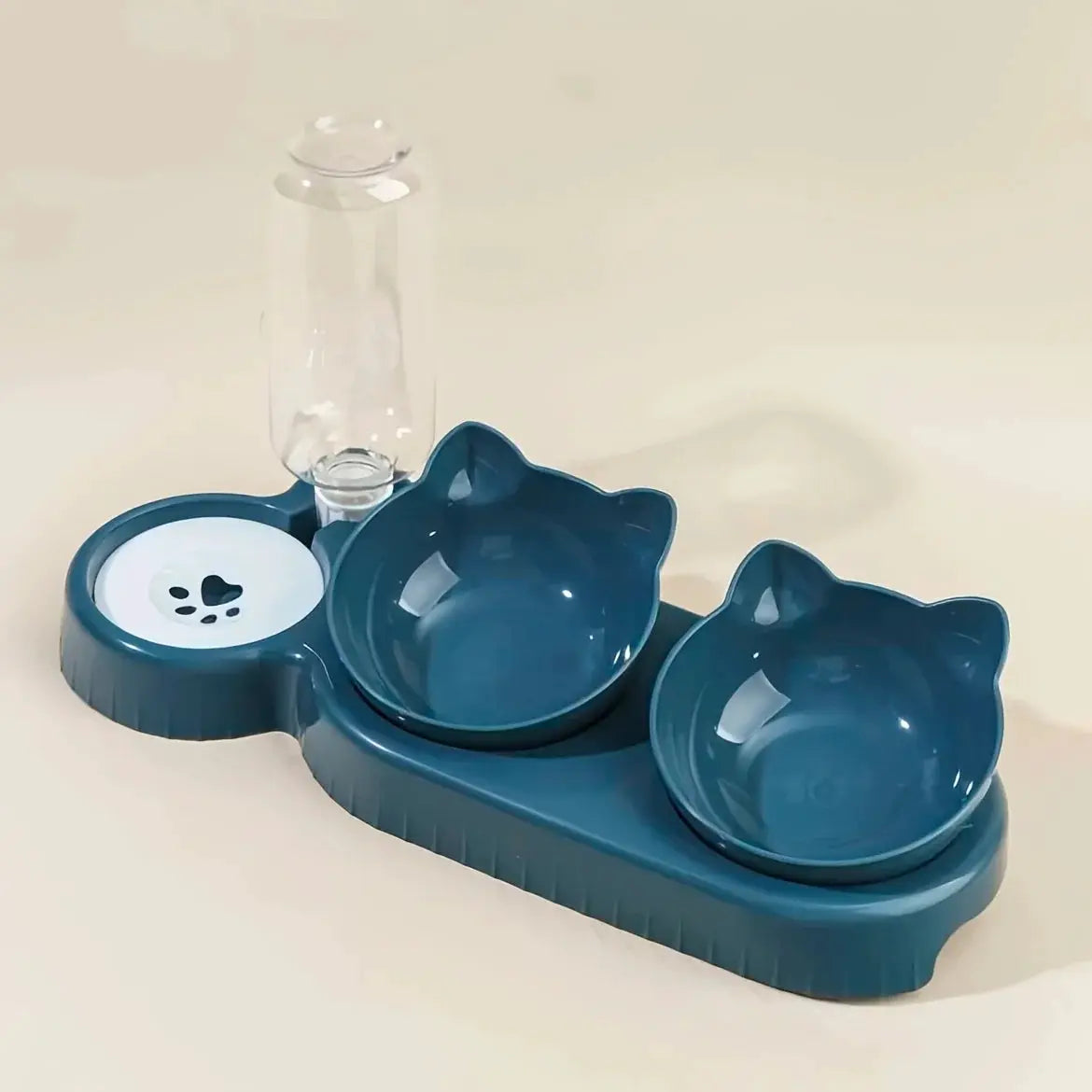 Pet bowls with water feeder by Simples Market, teal blue cat-ear bowls on a blue base.