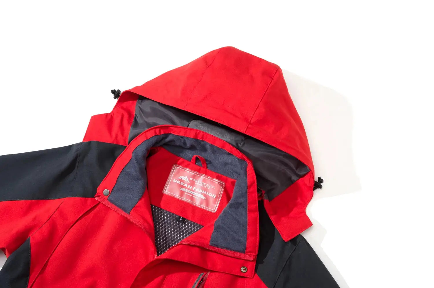 Men's waterproof hiking jacket red and navy with hood, large size