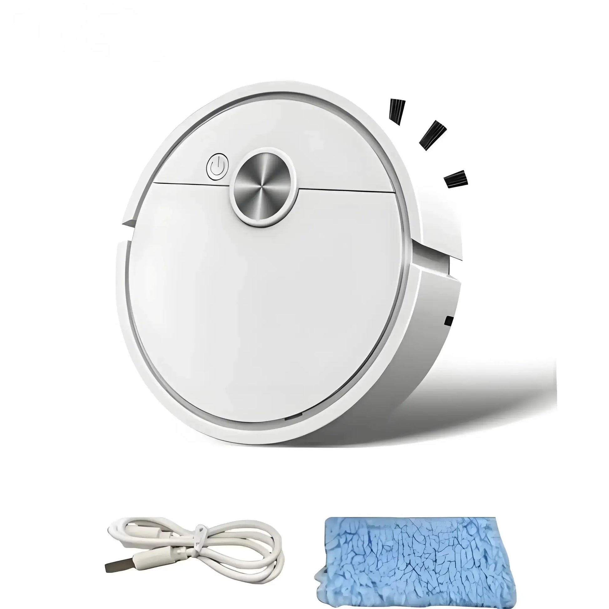 Simples Market smart vacuum cleaning robot, white circular unit with 1 charging cable and 1 blue mop pad.