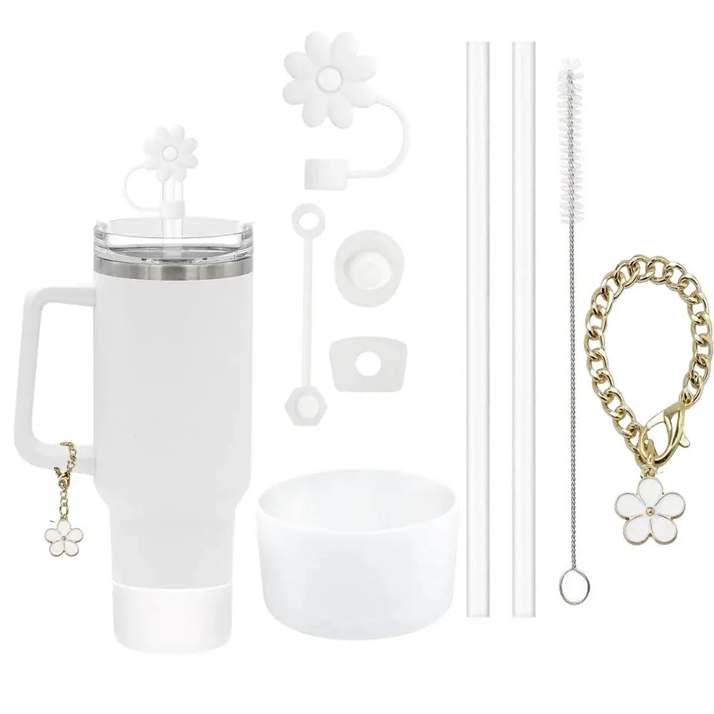 9 Piece Stanley Cup Accessories Set With Flower Spill Proof Stoppers 2 Straws And Brush And Flower Charm Chain