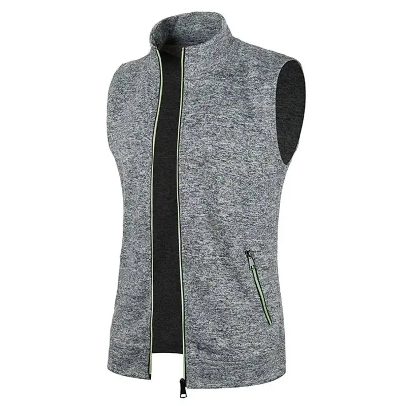 Autumn men's sleeveless zip-up vest jacket in heather gray with neon lime piping and zip pockets