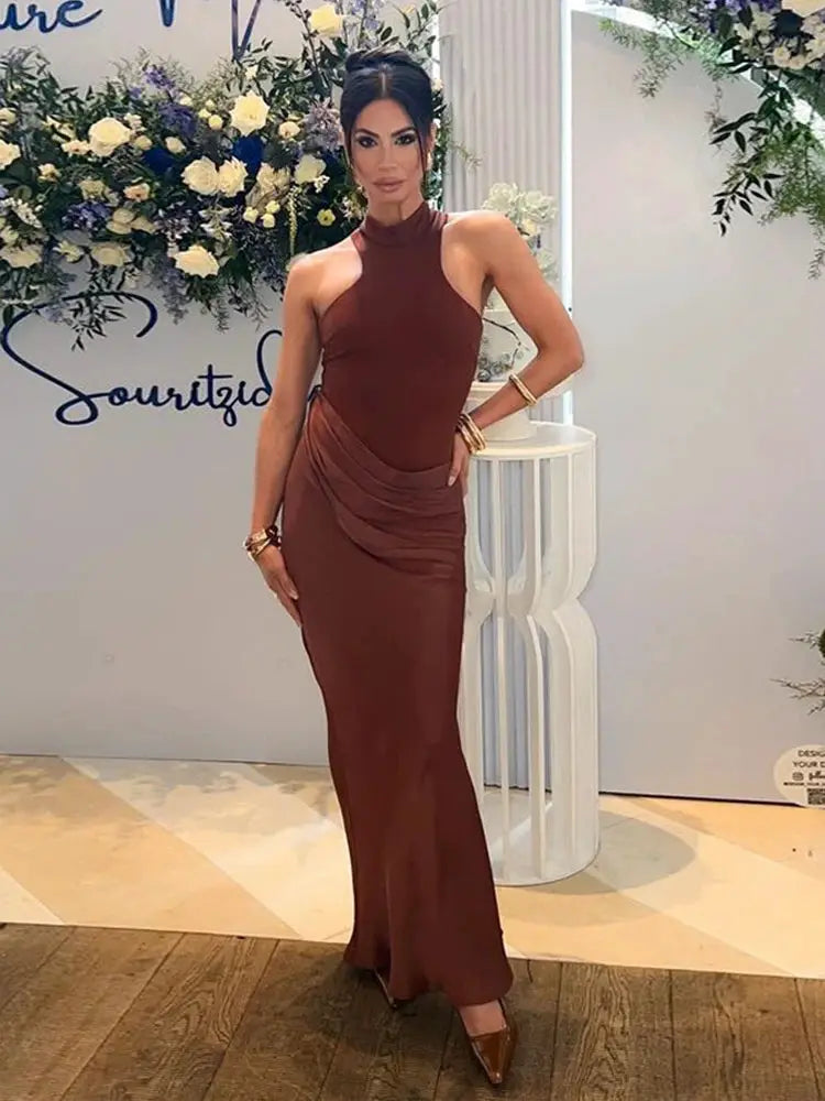 Julissa Mo Satin Hollow Out Maxi Dress Elegant Slim Fit Floor Length Party Clubwear
