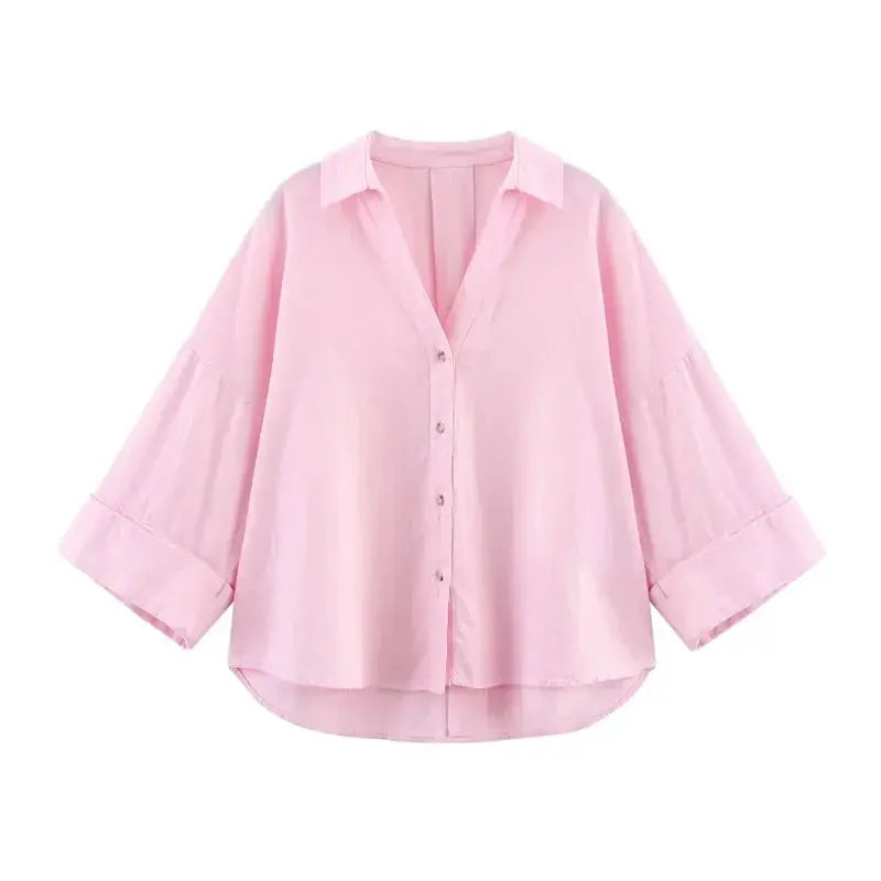 Pink women's button-up blouse with loose fit and wide sleeves by Simples Market