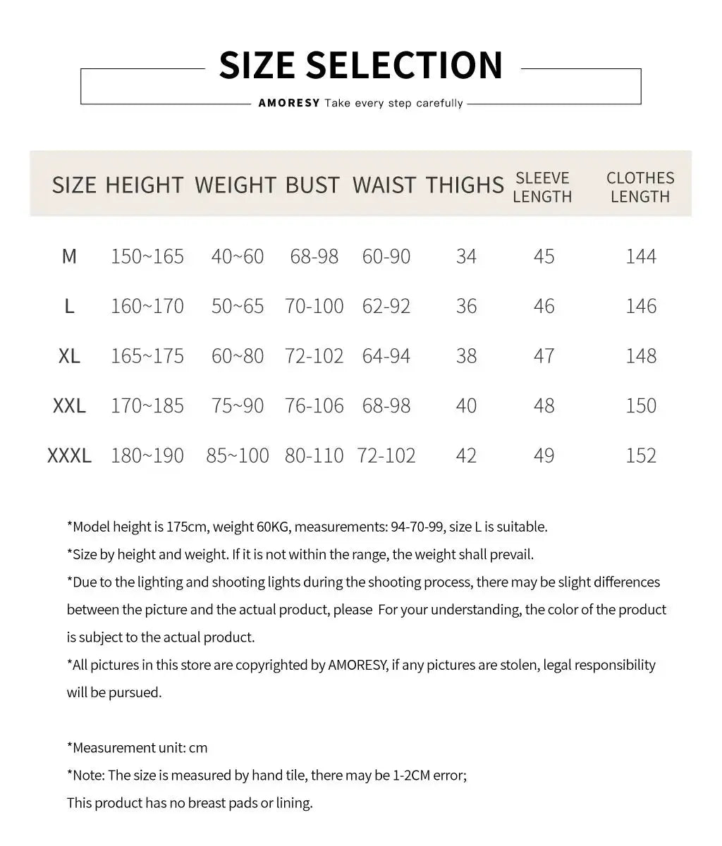 AMORESY wetlook catsuit size chart by Simples Market, M–XXXL with height, weight, bust, waist, sleeves and length