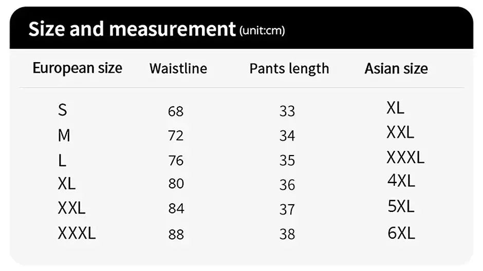 Simples Market men's long underwear size chart showing waist 68–88 cm and length 33–38 cm (S–XXXL, Asian sizes)