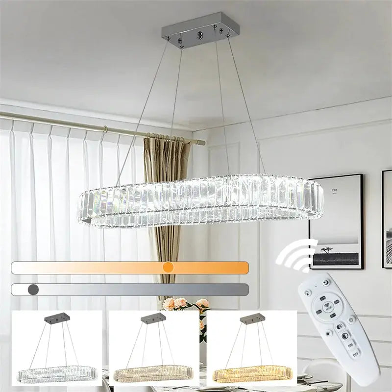 Modern crystal ring LED chandelier pendant lamp with remote control in chrome finish, shown in 3 color options