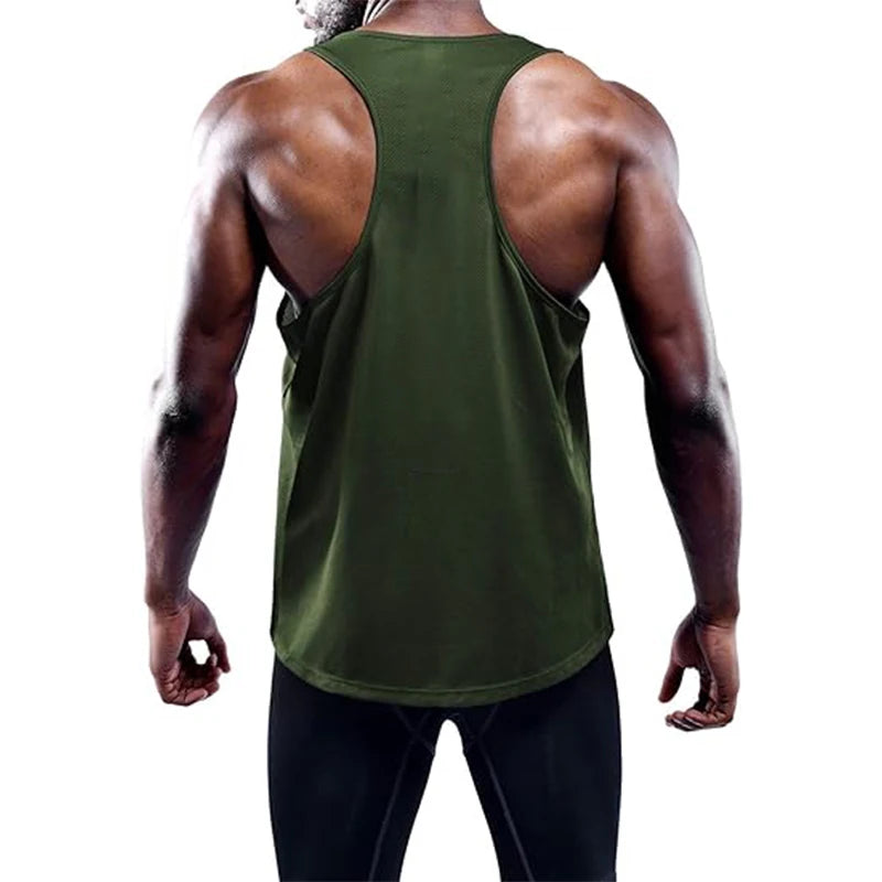 Men's green sleeveless running tank top, quick-dry athletic singlet for gym