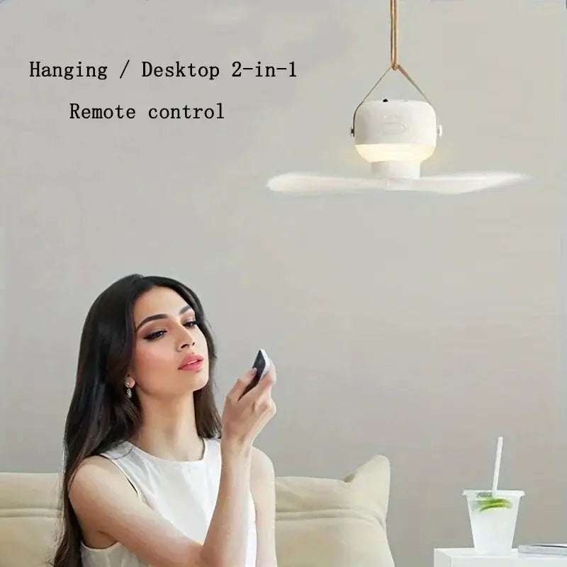 White 2-in-1 hanging/desktop mini ceiling fan with light, remote control, USB powered